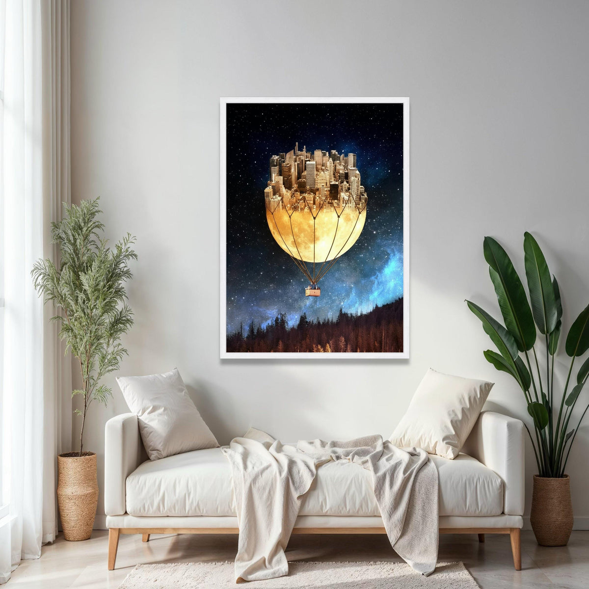 Surreal Cityscape Hot Air Balloon Canvas, Moonlit Skyline Wall Art, Fantasy Night Sky Decor, Urban Dreamscape Gift Art, Home Decor, Print