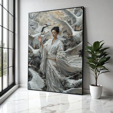 Ethereal Crane Dance, Asian Woman in White Kimono, Feather Canvas, Elegant Bird Wall Art, Mystical Nature Scene, Gift Art, Home Decor, Print