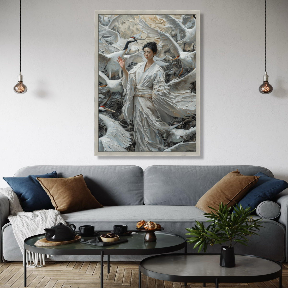 Ethereal Crane Dance, Asian Woman in White Kimono, Feather Canvas, Elegant Bird Wall Art, Mystical Nature Scene, Gift Art, Home Decor, Print