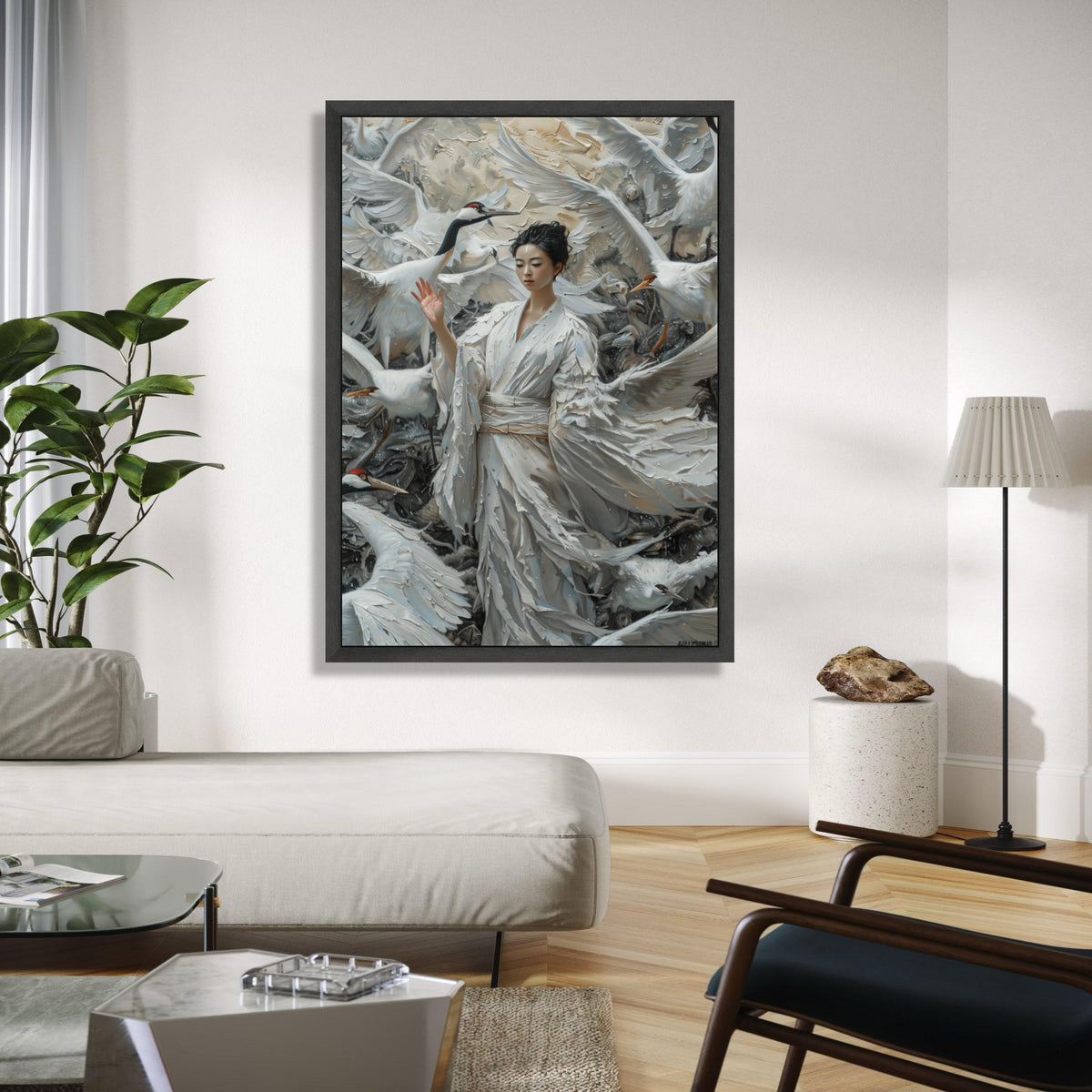 Ethereal Crane Dance, Asian Woman in White Kimono, Feather Canvas, Elegant Bird Wall Art, Mystical Nature Scene, Gift Art, Home Decor, Print