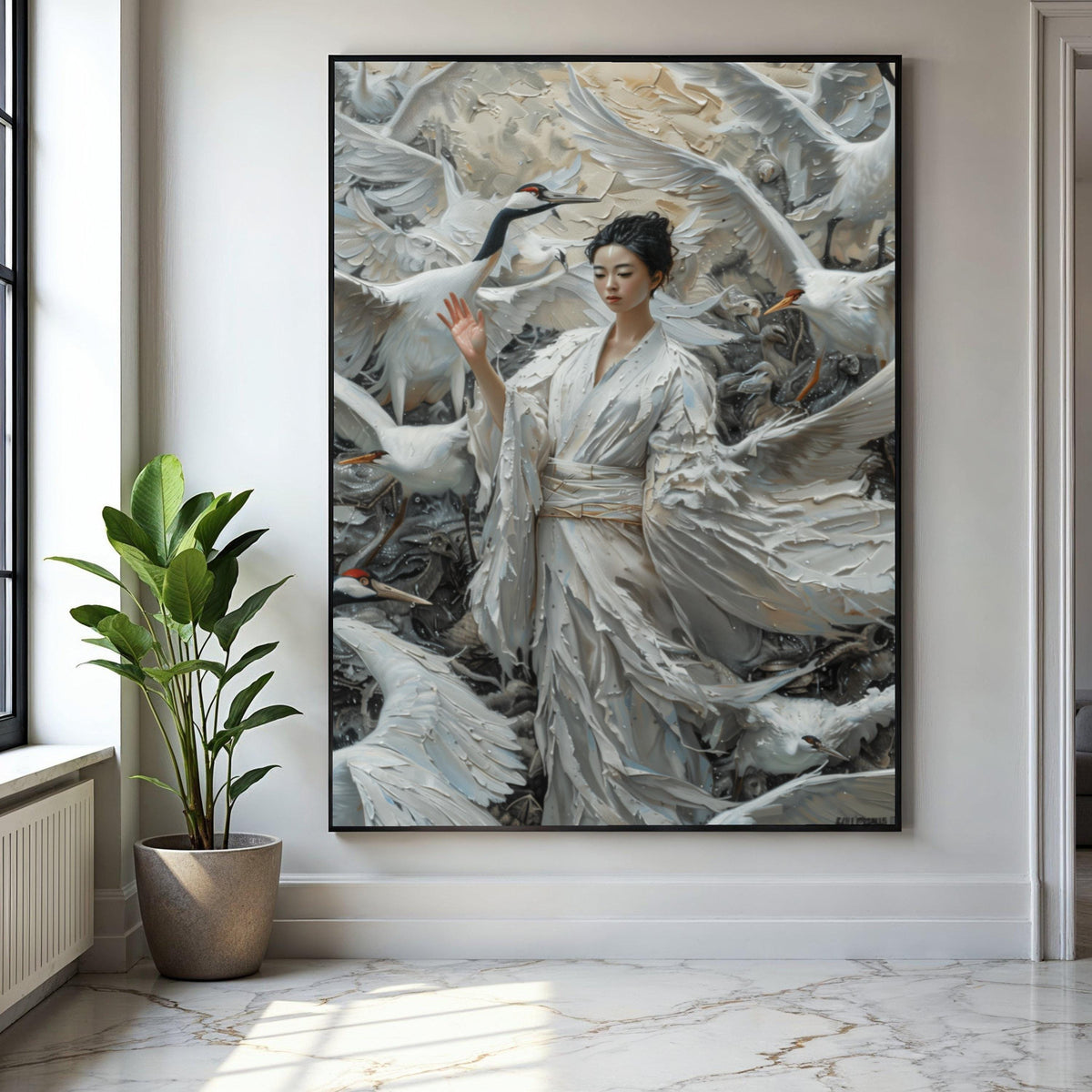 Ethereal Crane Dance, Asian Woman in White Kimono, Feather Canvas, Elegant Bird Wall Art, Mystical Nature Scene, Gift Art, Home Decor, Print