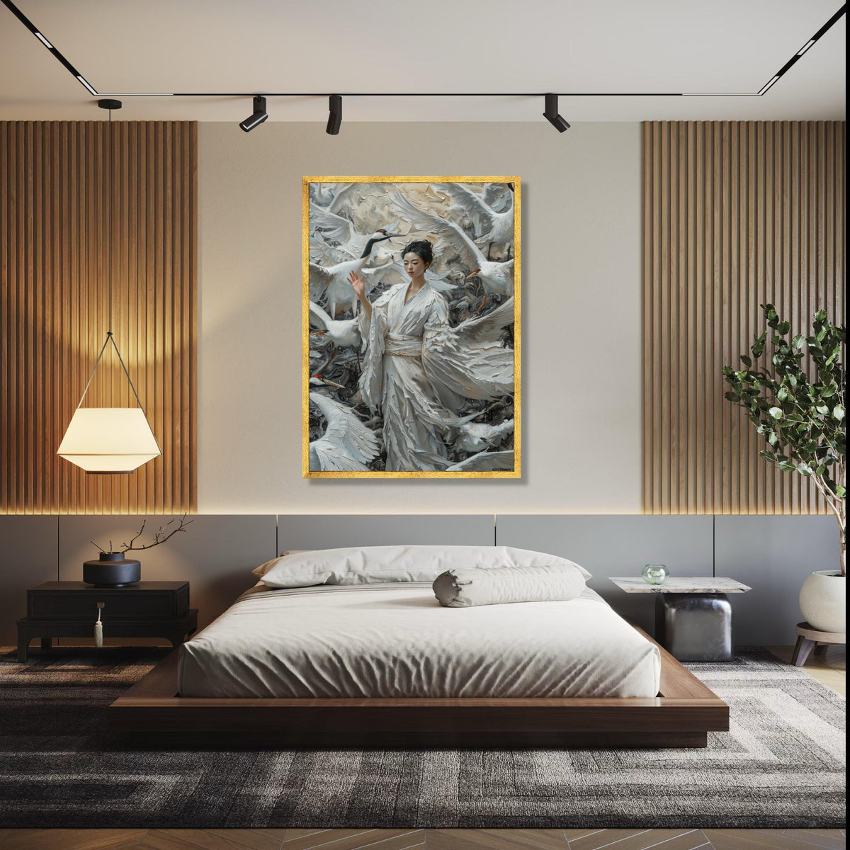 Ethereal Crane Dance, Asian Woman in White Kimono, Feather Canvas, Elegant Bird Wall Art, Mystical Nature Scene, Gift Art, Home Decor, Print