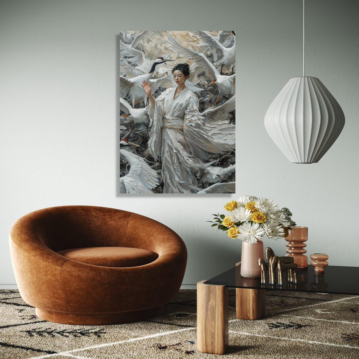 Ethereal Crane Dance, Asian Woman in White Kimono, Feather Canvas, Elegant Bird Wall Art, Mystical Nature Scene, Gift Art, Home Decor, Print