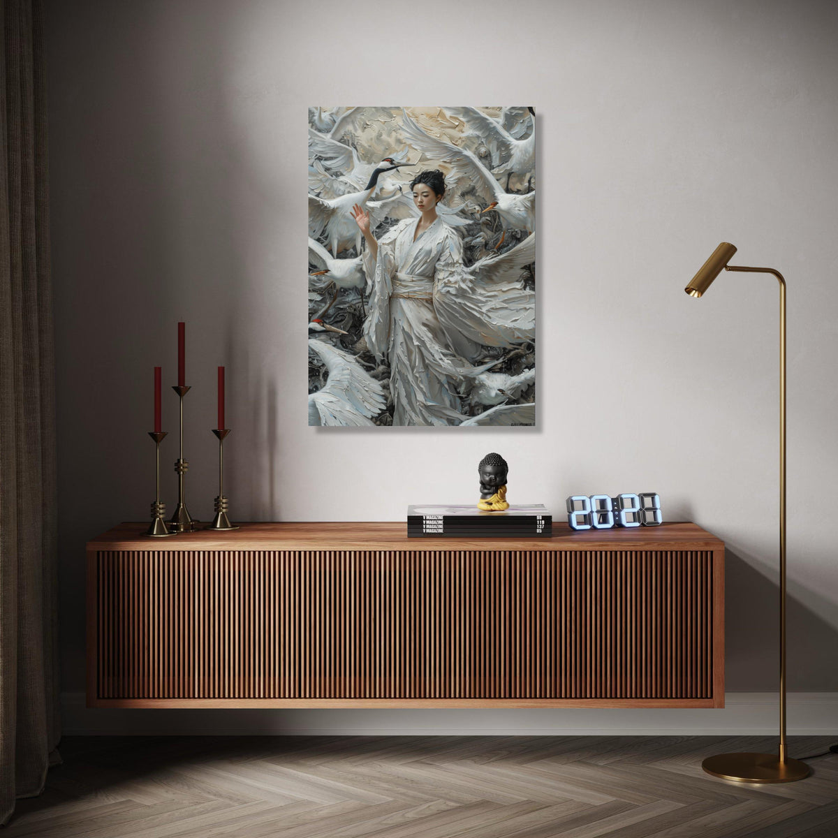Ethereal Crane Dance, Asian Woman in White Kimono, Feather Canvas, Elegant Bird Wall Art, Mystical Nature Scene, Gift Art, Home Decor, Print