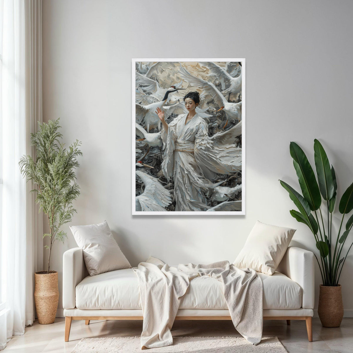 Ethereal Crane Dance, Asian Woman in White Kimono, Feather Canvas, Elegant Bird Wall Art, Mystical Nature Scene, Gift Art, Home Decor, Print