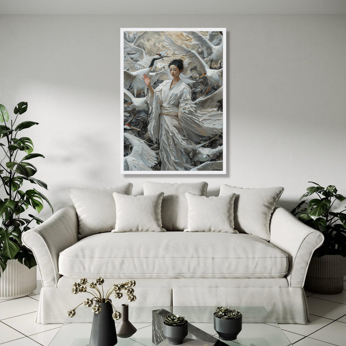 Ethereal Crane Dance, Asian Woman in White Kimono, Feather Canvas, Elegant Bird Wall Art, Mystical Nature Scene, Gift Art, Home Decor, Print