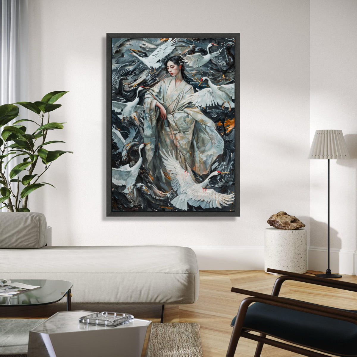 Elegant Geisha with Cranes, Japanese Kimono Canvas, Oriental Bird Wall Art, Traditional Asian Painting, Home Gift Art, Home Decor, Print