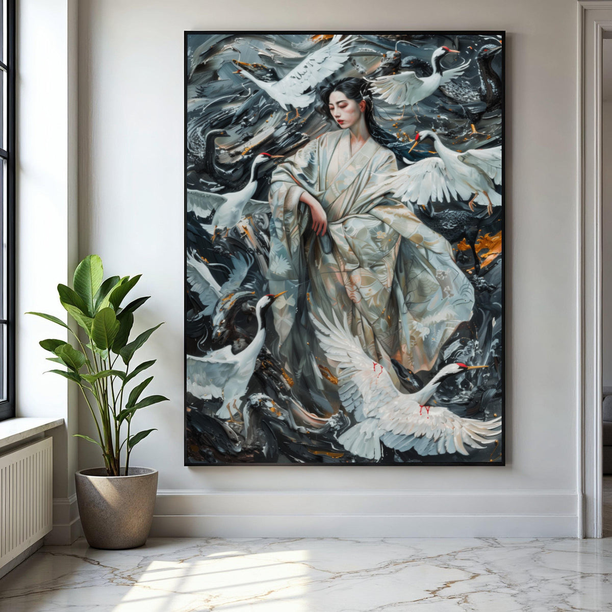 Elegant Geisha with Cranes, Japanese Kimono Canvas, Oriental Bird Wall Art, Traditional Asian Painting, Home Gift Art, Home Decor, Print