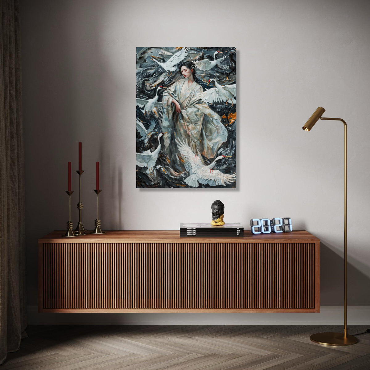Elegant Geisha with Cranes, Japanese Kimono Canvas, Oriental Bird Wall Art, Traditional Asian Painting, Home Gift Art, Home Decor, Print