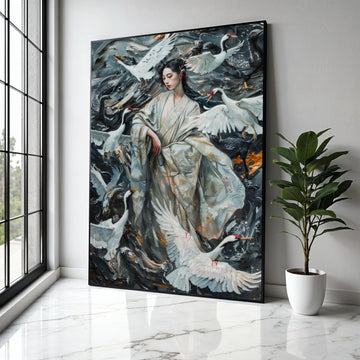 Elegant Geisha with Cranes, Japanese Kimono Canvas, Oriental Bird Wall Art, Traditional Asian Painting, Home Gift Art, Home Decor, Print