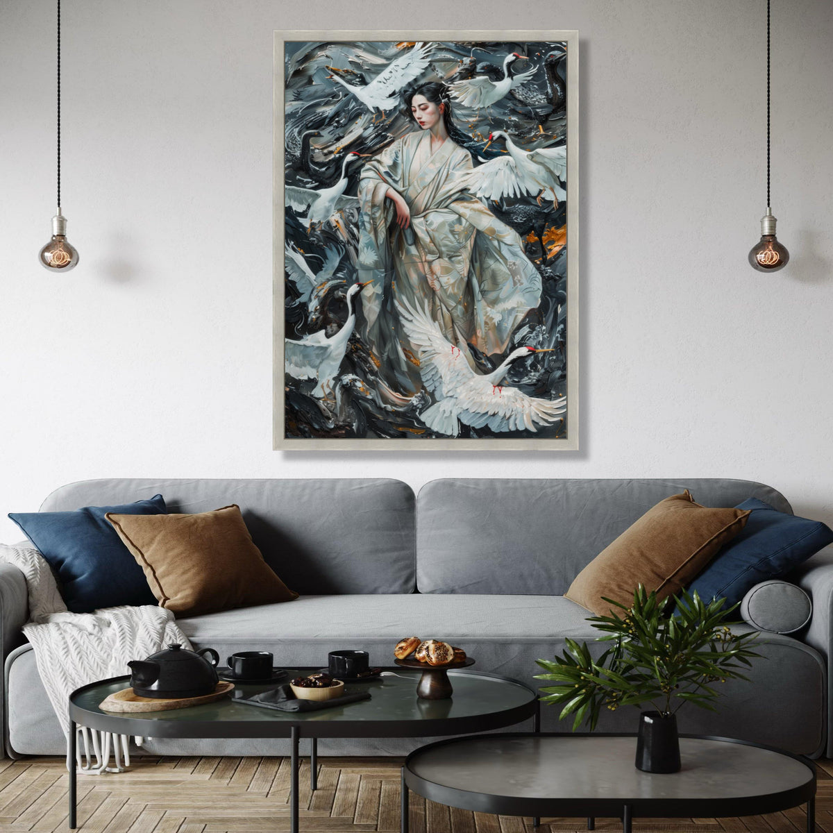 Elegant Geisha with Cranes, Japanese Kimono Canvas, Oriental Bird Wall Art, Traditional Asian Painting, Home Gift Art, Home Decor, Print
