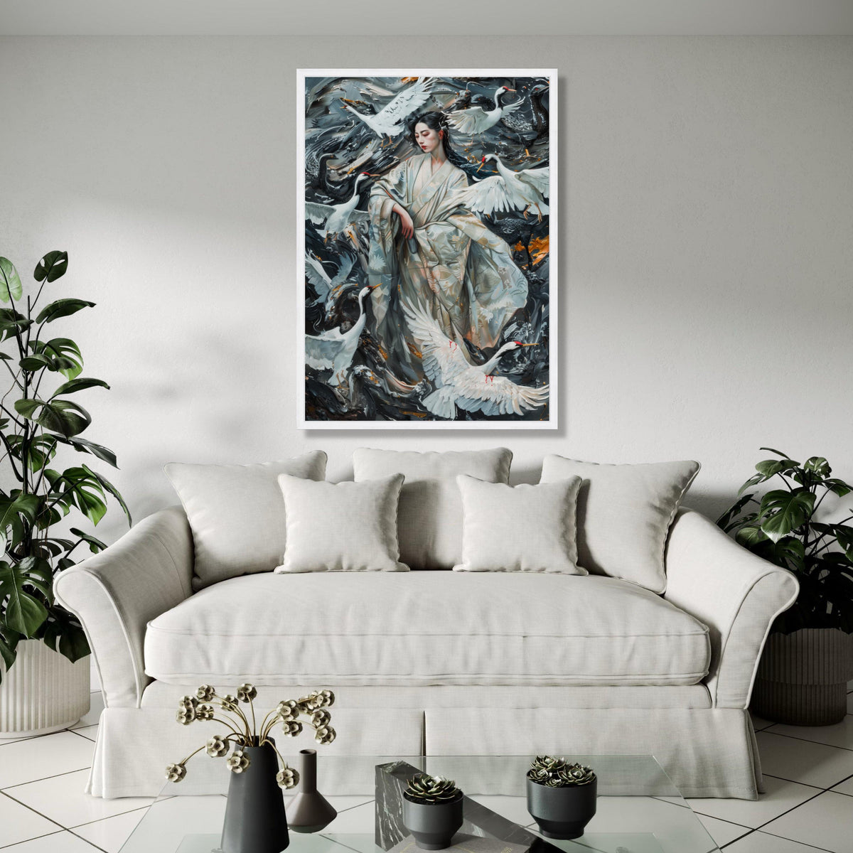 Elegant Geisha with Cranes, Japanese Kimono Canvas, Oriental Bird Wall Art, Traditional Asian Painting, Home Gift Art, Home Decor, Print