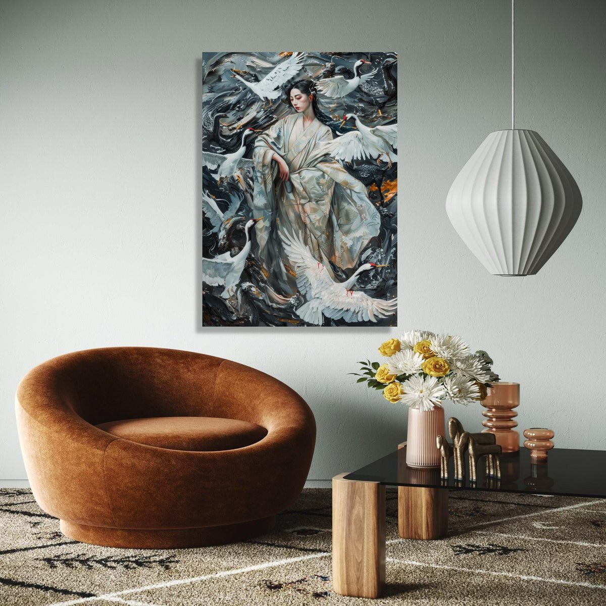 Elegant Geisha with Cranes, Japanese Kimono Canvas, Oriental Bird Wall Art, Traditional Asian Painting, Home Gift Art, Home Decor, Print