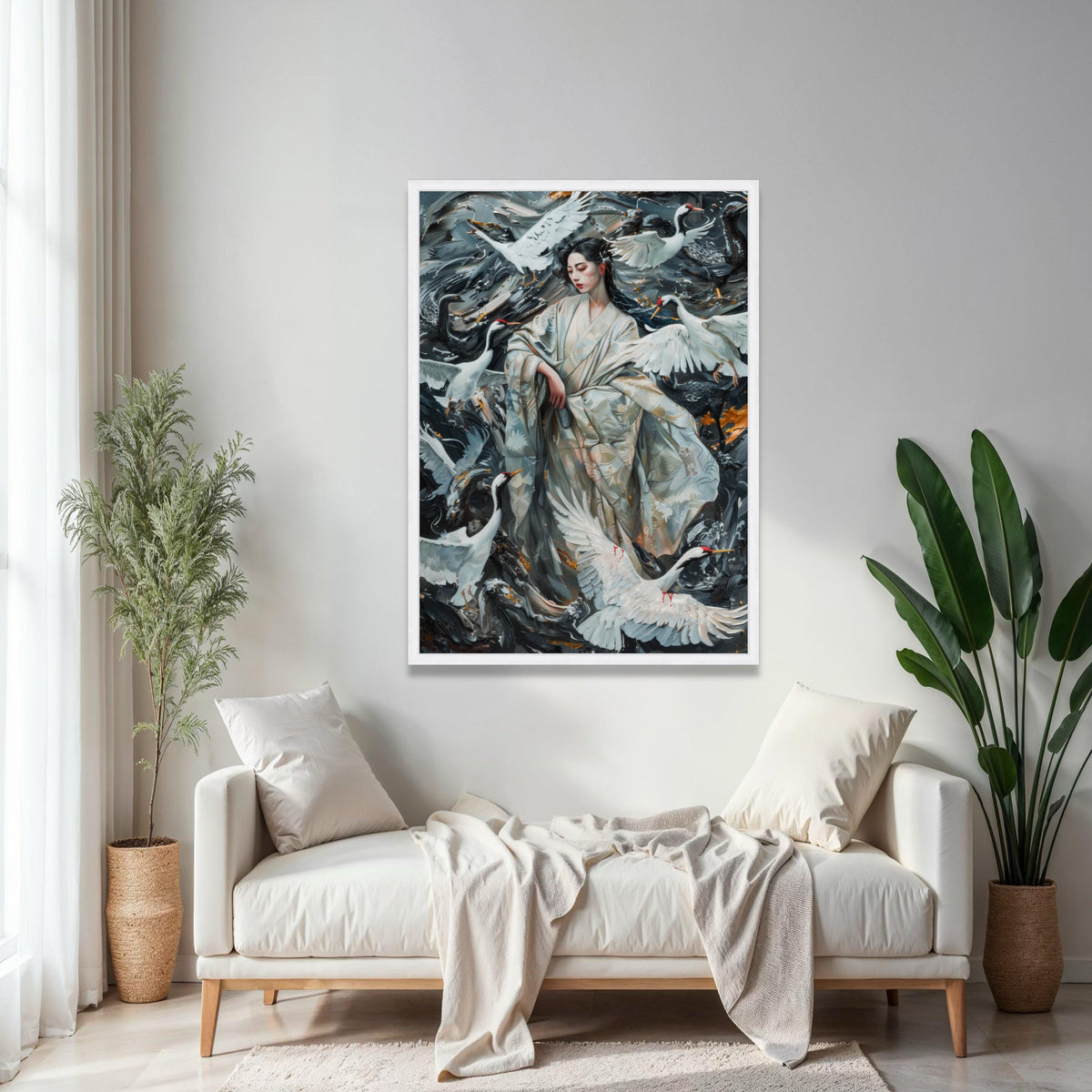 Elegant Geisha with Cranes, Japanese Kimono Canvas, Oriental Bird Wall Art, Traditional Asian Painting, Home Gift Art, Home Decor, Print