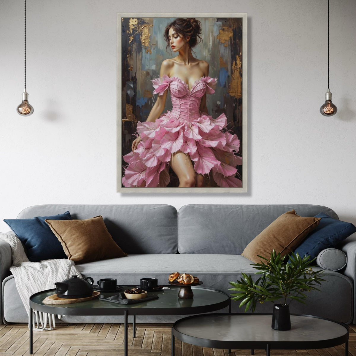 Elegant Woman in Pink Floral Dress Canvas, Romantic Female Portrait Wall Art, Feminine Home Decor, Fashion Art Gift Art, Home Decor, Print