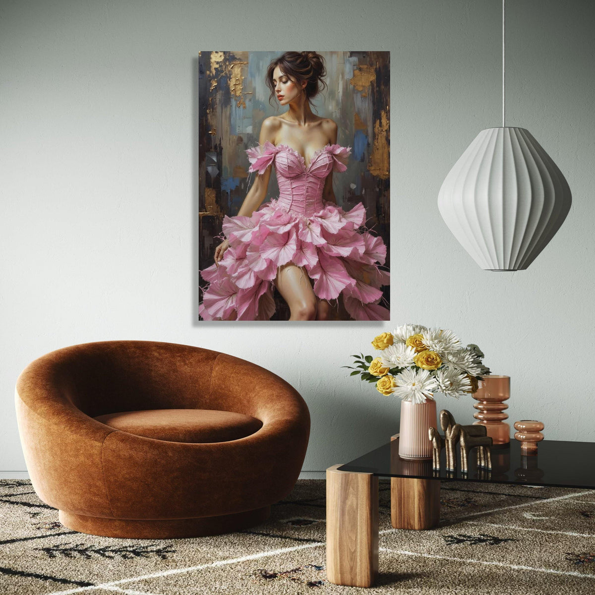 Elegant Woman in Pink Floral Dress Canvas, Romantic Female Portrait Wall Art, Feminine Home Decor, Fashion Art Gift Art, Home Decor, Print