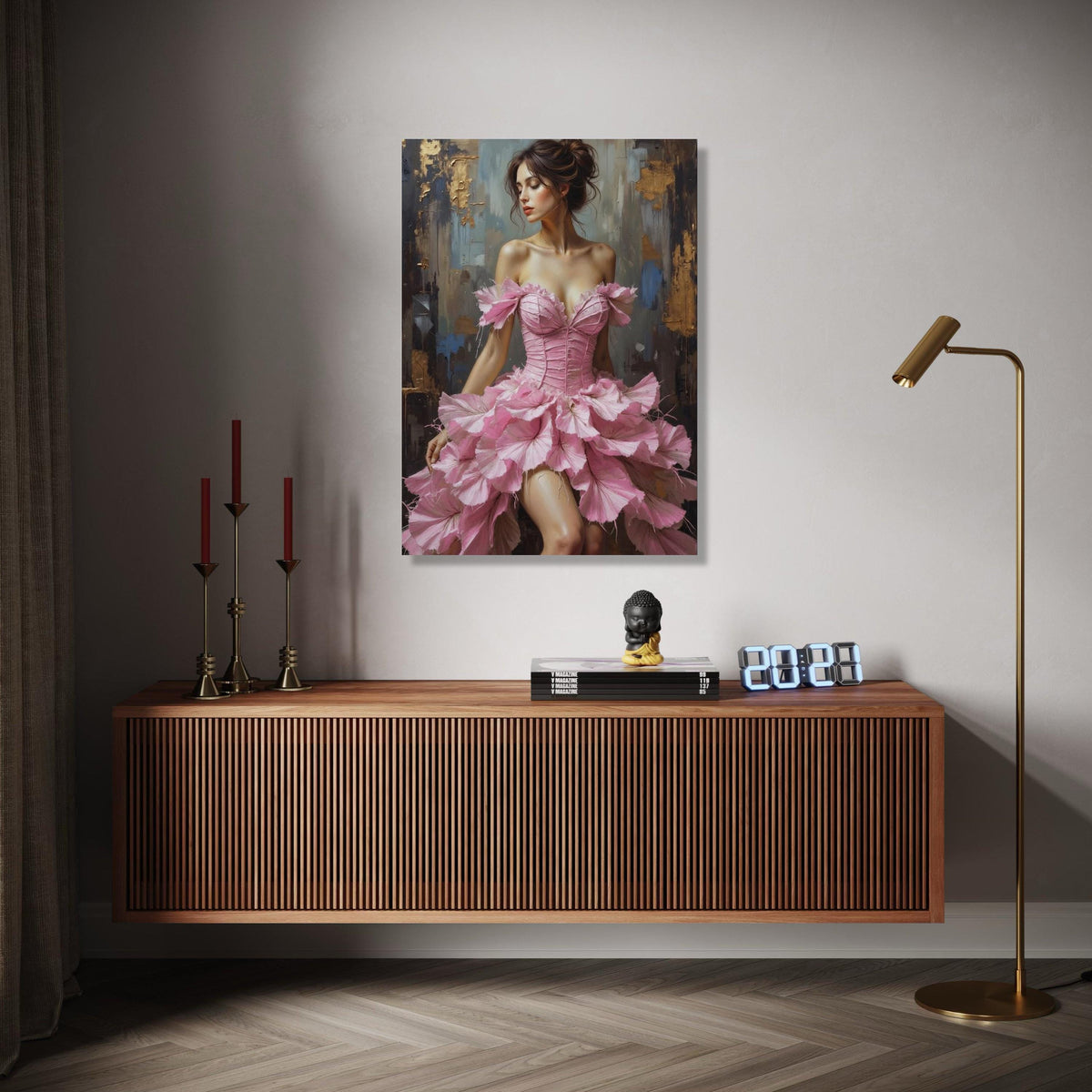 Elegant Woman in Pink Floral Dress Canvas, Romantic Female Portrait Wall Art, Feminine Home Decor, Fashion Art Gift Art, Home Decor, Print