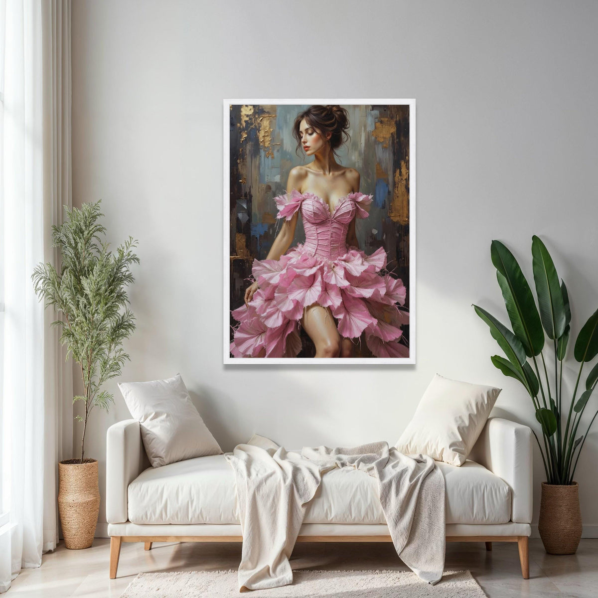 Elegant Woman in Pink Floral Dress Canvas, Romantic Female Portrait Wall Art, Feminine Home Decor, Fashion Art Gift Art, Home Decor, Print