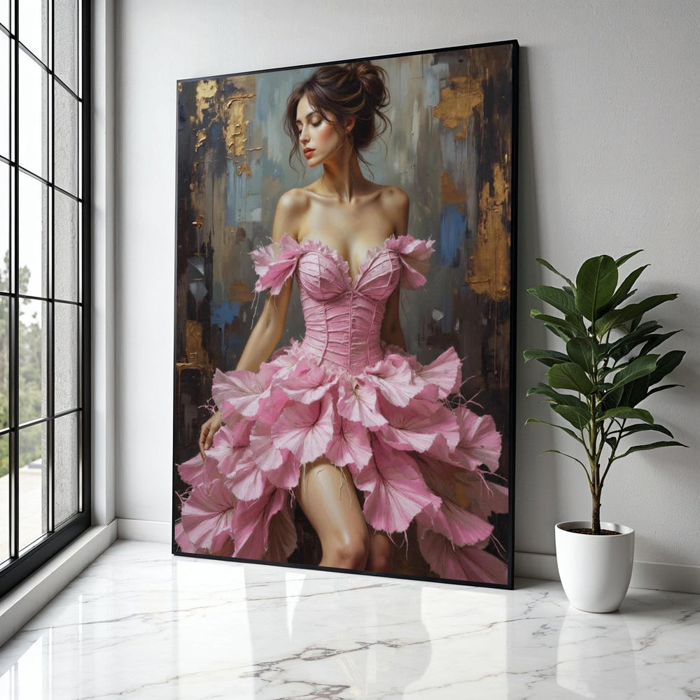 Elegant Woman in Pink Floral Dress Canvas, Romantic Female Portrait Wall Art, Feminine Home Decor, Fashion Art Gift Art, Home Decor, Print