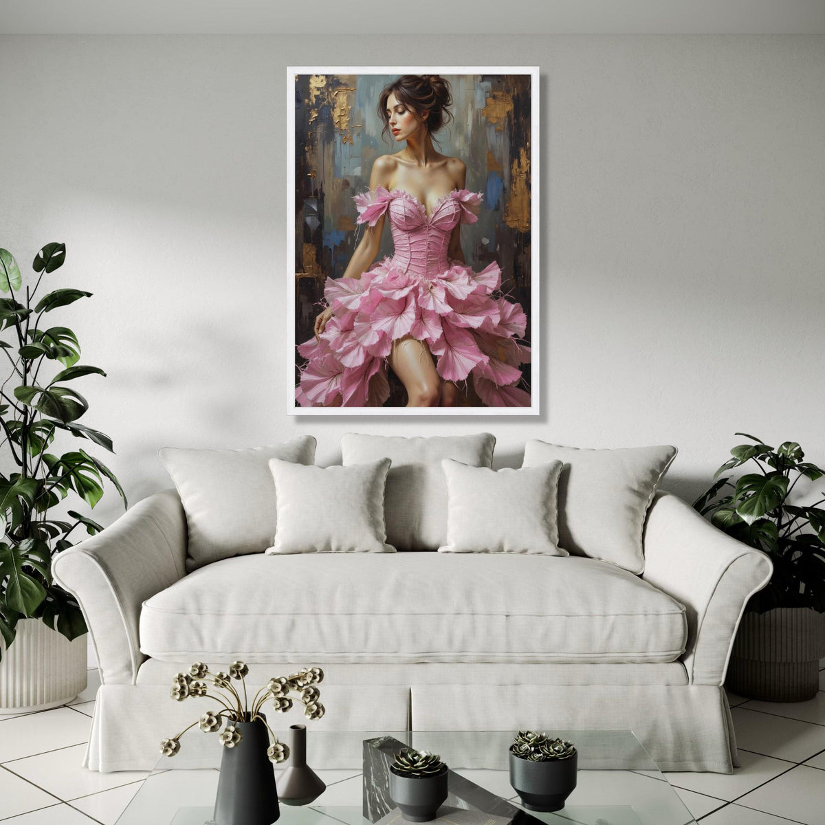 Elegant Woman in Pink Floral Dress Canvas, Romantic Female Portrait Wall Art, Feminine Home Decor, Fashion Art Gift Art, Home Decor, Print