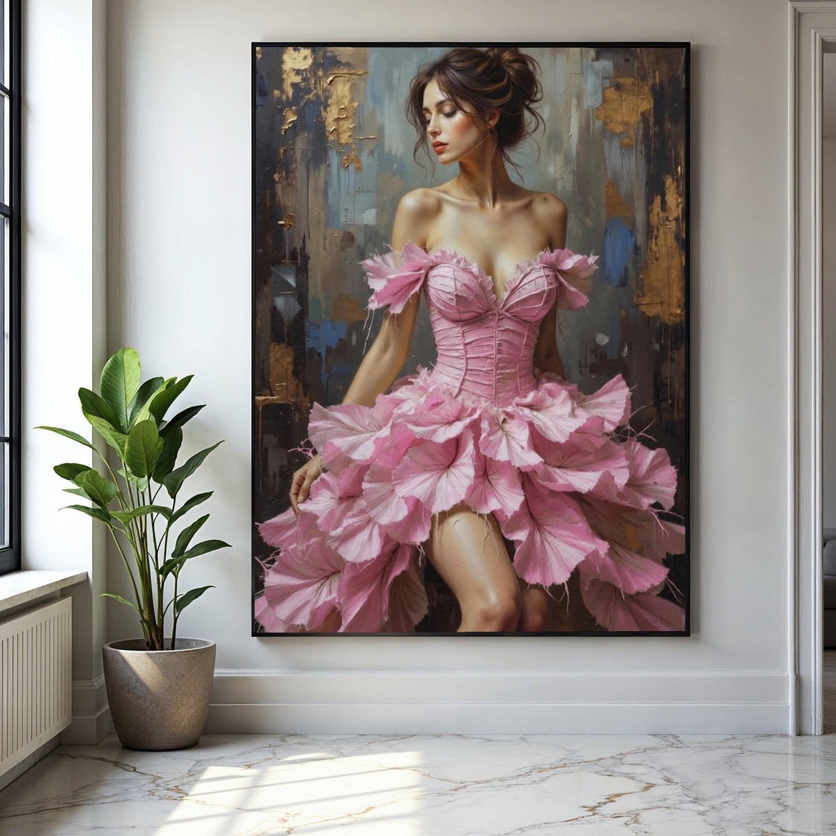 Elegant Woman in Pink Floral Dress Canvas, Romantic Female Portrait Wall Art, Feminine Home Decor, Fashion Art Gift Art, Home Decor, Print