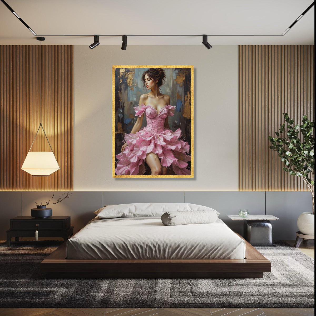 Elegant Woman in Pink Floral Dress Canvas, Romantic Female Portrait Wall Art, Feminine Home Decor, Fashion Art Gift Art, Home Decor, Print