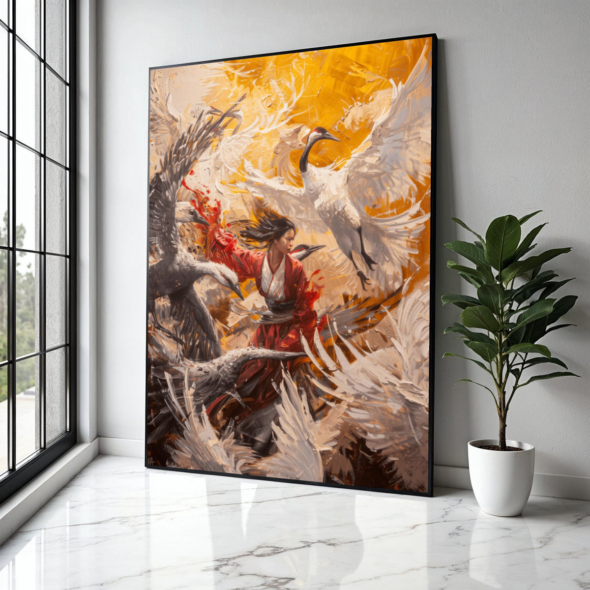 Dynamic Crane Dance, Japanese Woman Kimono Canvas, Abstract Bird Art, Modern Asian Wall Art, Vibrant Nature Gift Art, Home Decor, Print