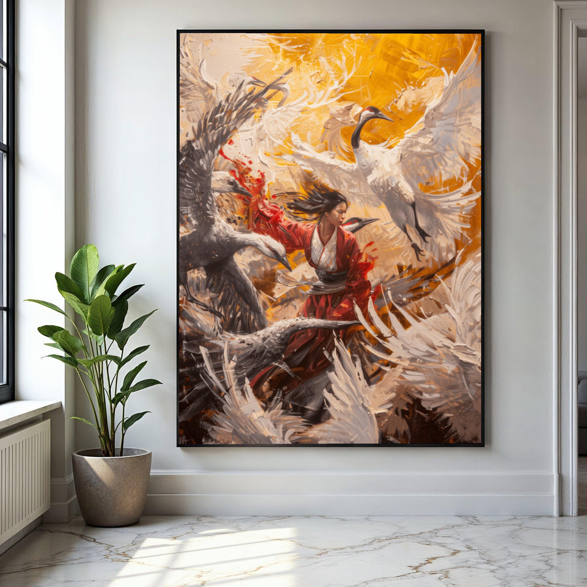 Dynamic Crane Dance, Japanese Woman Kimono Canvas, Abstract Bird Art, Modern Asian Wall Art, Vibrant Nature Gift Art, Home Decor, Print
