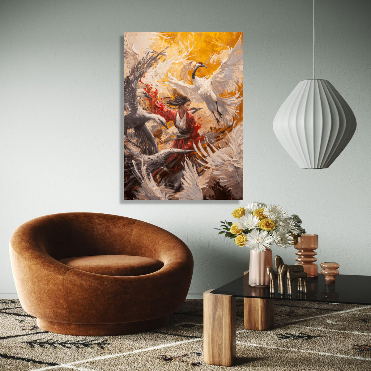 Dynamic Crane Dance, Japanese Woman Kimono Canvas, Abstract Bird Art, Modern Asian Wall Art, Vibrant Nature Gift Art, Home Decor, Print