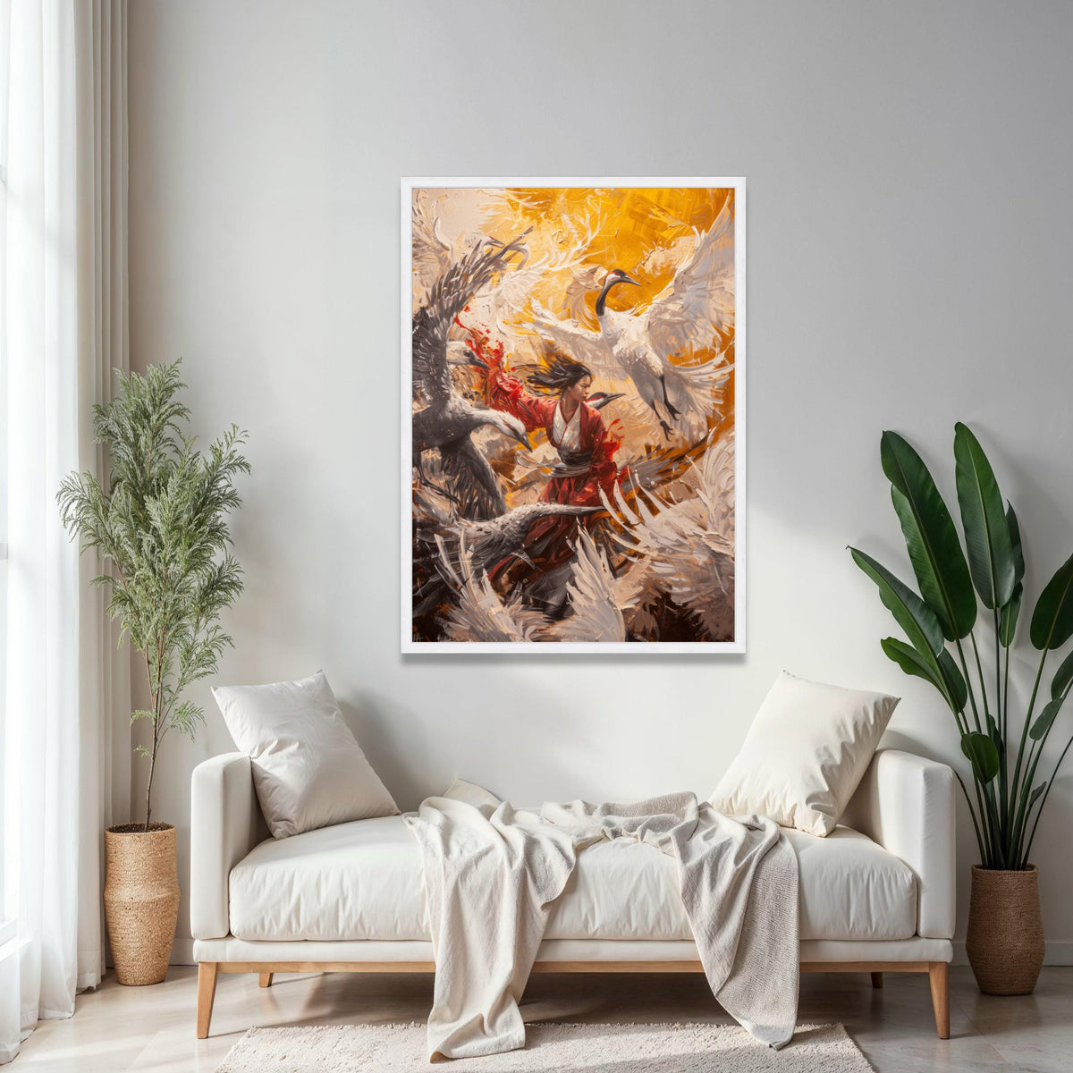 Dynamic Crane Dance, Japanese Woman Kimono Canvas, Abstract Bird Art, Modern Asian Wall Art, Vibrant Nature Gift Art, Home Decor, Print