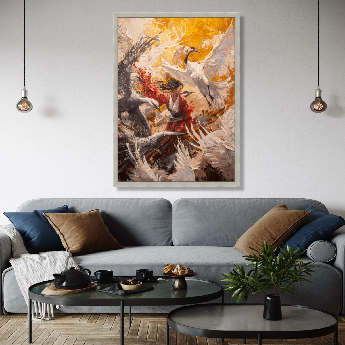 Dynamic Crane Dance, Japanese Woman Kimono Canvas, Abstract Bird Art, Modern Asian Wall Art, Vibrant Nature Gift Art, Home Decor, Print