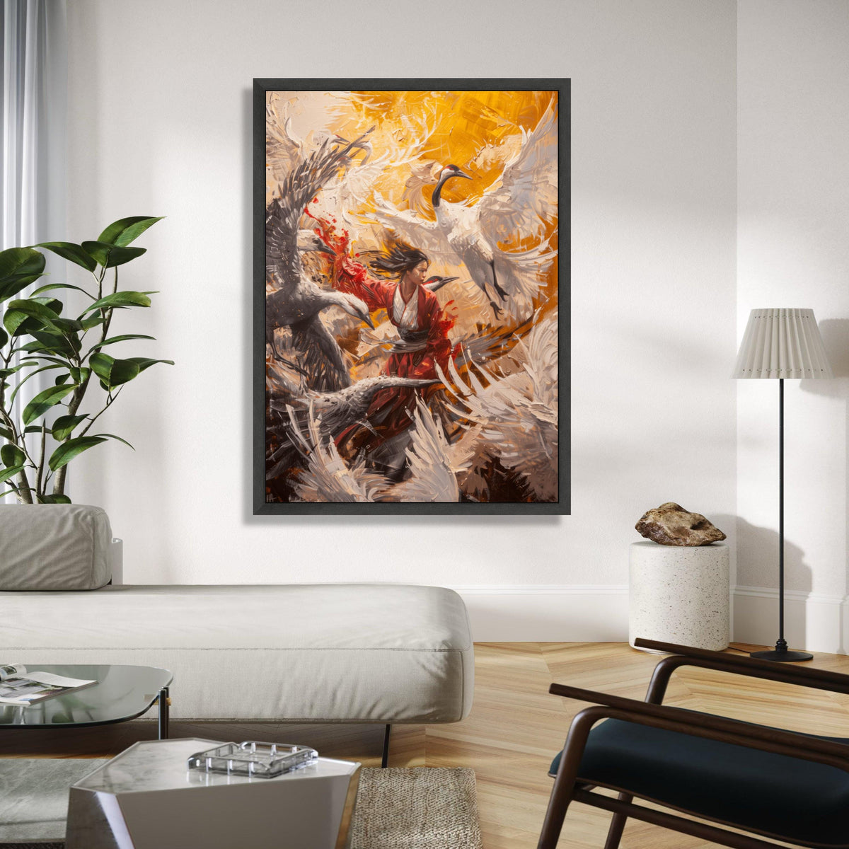 Dynamic Crane Dance, Japanese Woman Kimono Canvas, Abstract Bird Art, Modern Asian Wall Art, Vibrant Nature Gift Art, Home Decor, Print