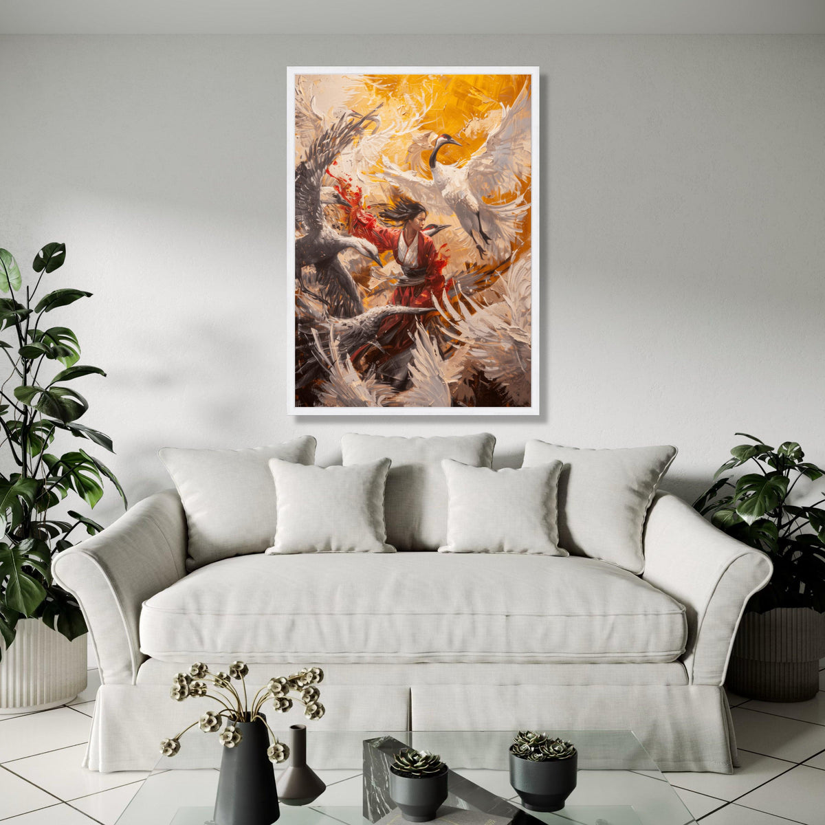 Dynamic Crane Dance, Japanese Woman Kimono Canvas, Abstract Bird Art, Modern Asian Wall Art, Vibrant Nature Gift Art, Home Decor, Print