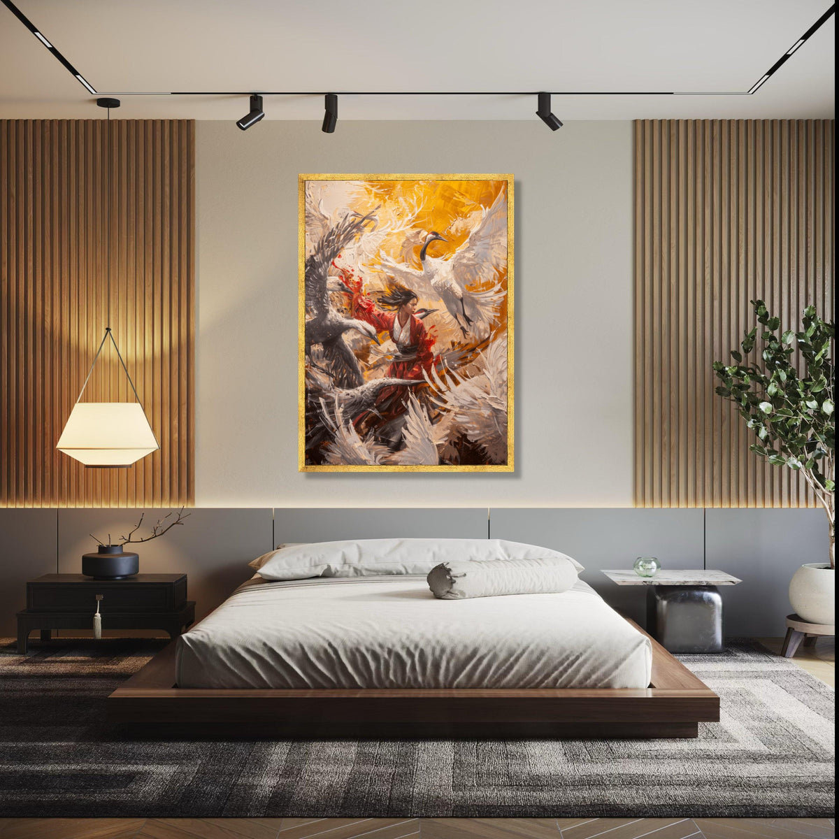 Dynamic Crane Dance, Japanese Woman Kimono Canvas, Abstract Bird Art, Modern Asian Wall Art, Vibrant Nature Gift Art, Home Decor, Print