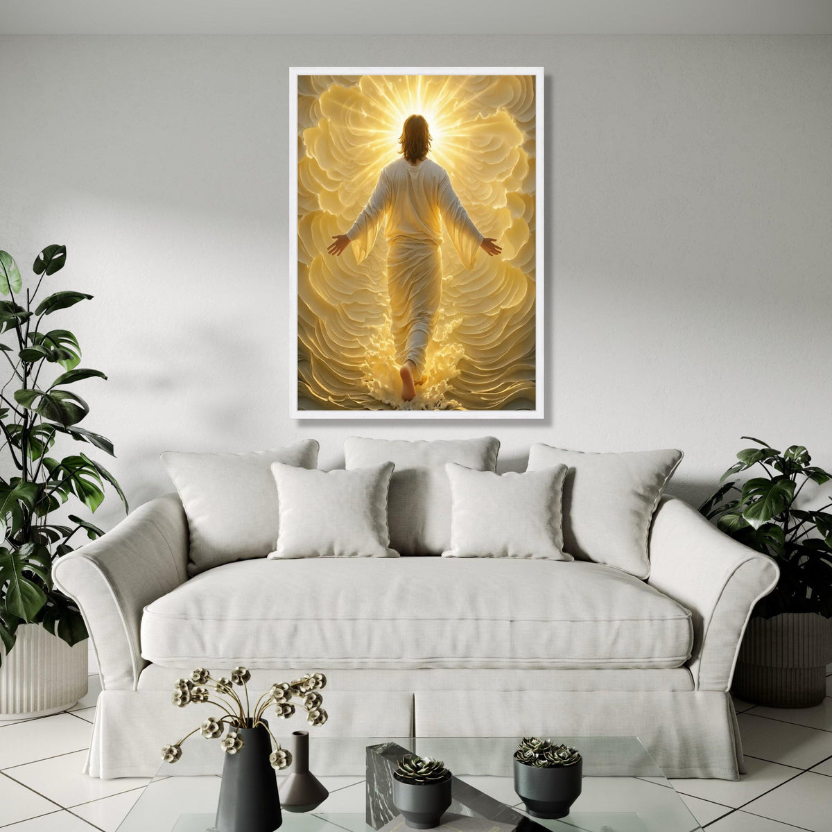 Radiant Ascension Canvas Wall Art, Spiritual Jesus Figure, Glowing Divine Light, Inspirational Christian Home Gift Art, Home Decor, Print