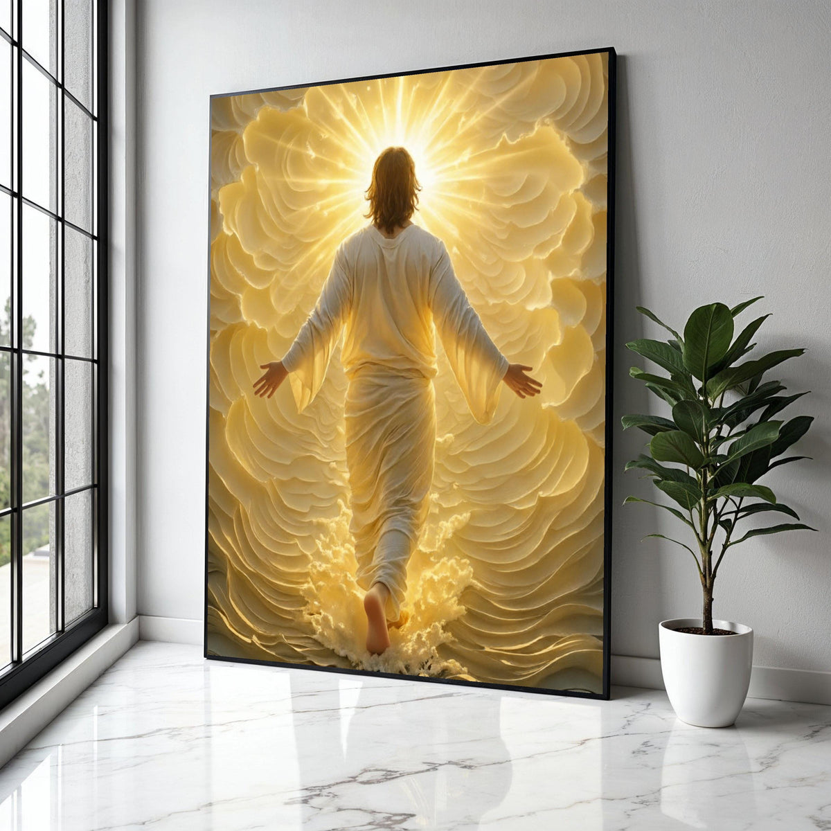 Radiant Ascension Canvas Wall Art, Spiritual Jesus Figure, Glowing Divine Light, Inspirational Christian Home Gift Art, Home Decor, Print