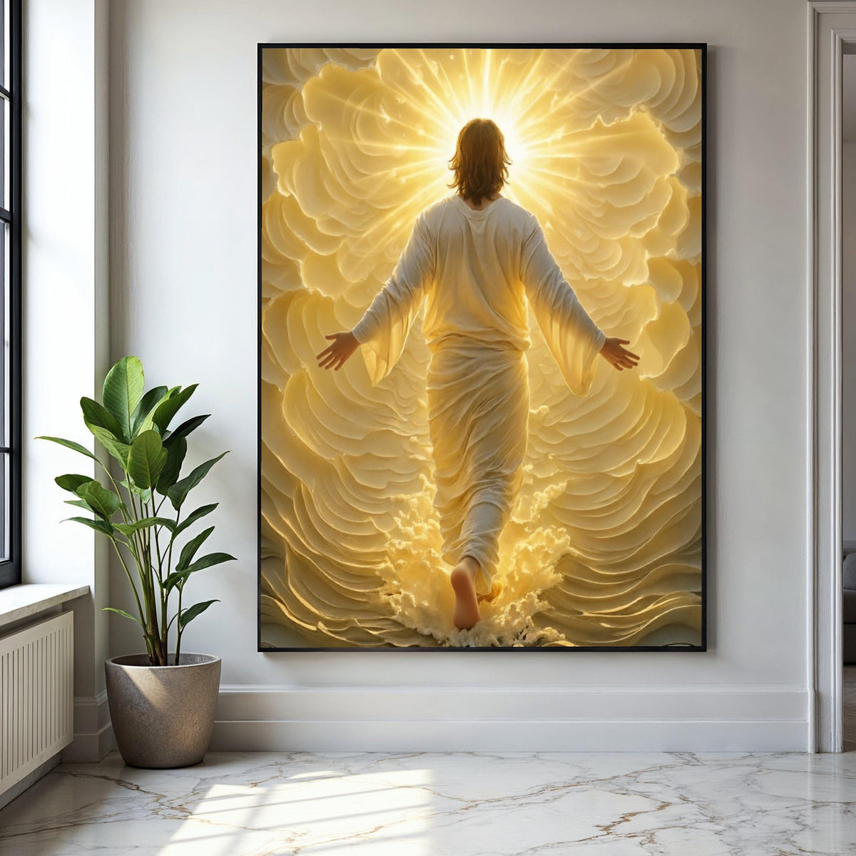 Radiant Ascension Canvas Wall Art, Spiritual Jesus Figure, Glowing Divine Light, Inspirational Christian Home Gift Art, Home Decor, Print