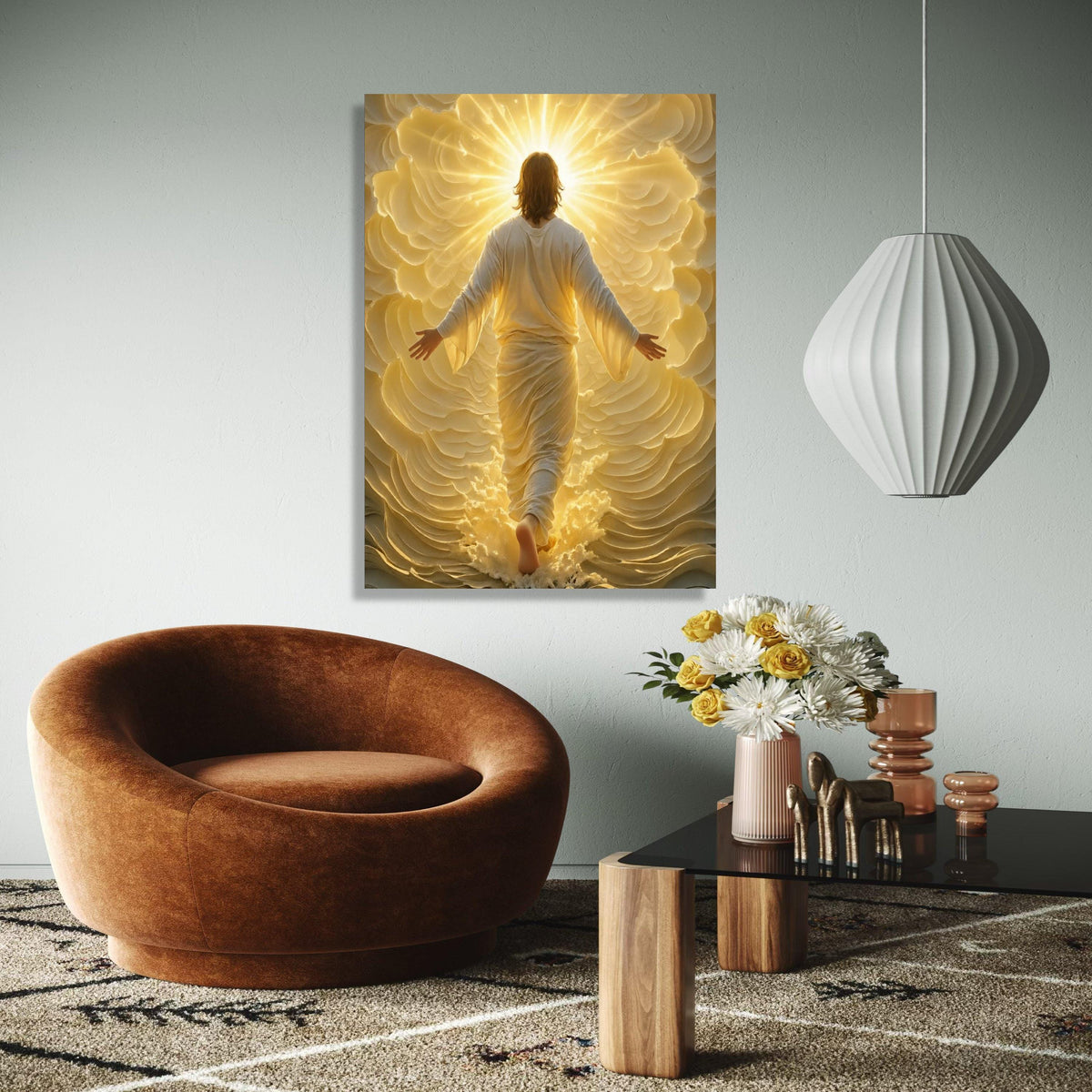 Radiant Ascension Canvas Wall Art, Spiritual Jesus Figure, Glowing Divine Light, Inspirational Christian Home Gift Art, Home Decor, Print