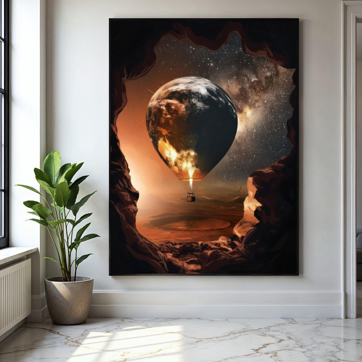 Earth Globe Hot Air Balloon, Space and Stars Canvas, Surreal Wall Art, Cosmic Landscape Canvas, Adventure Home Gift Art, Home Decor, Print