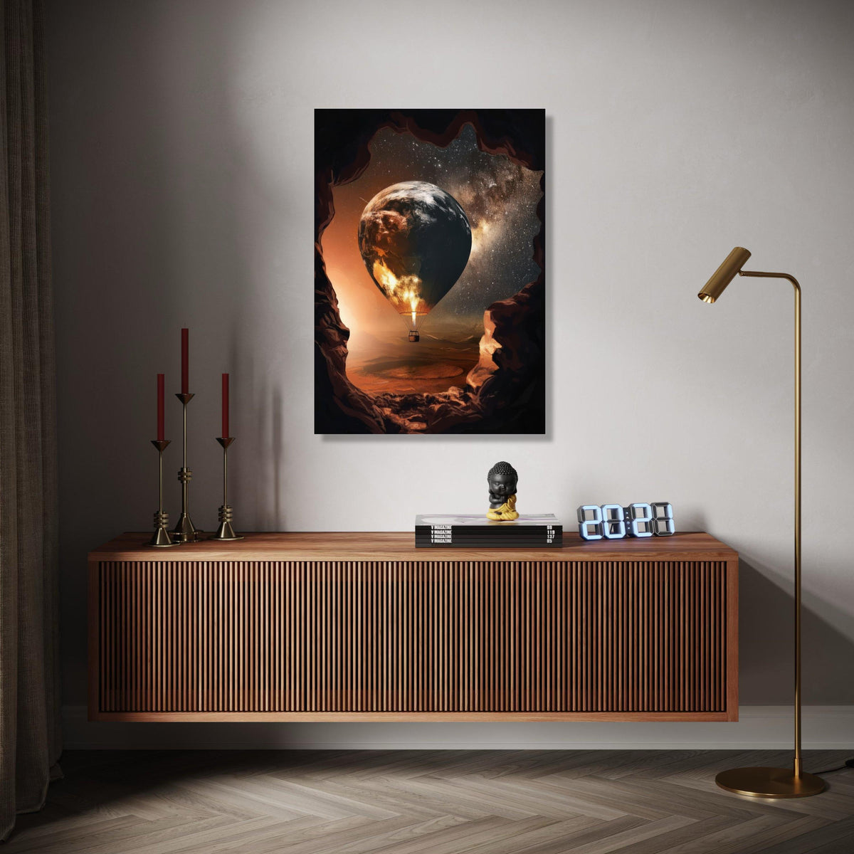Earth Globe Hot Air Balloon, Space and Stars Canvas, Surreal Wall Art, Cosmic Landscape Canvas, Adventure Home Gift Art, Home Decor, Print