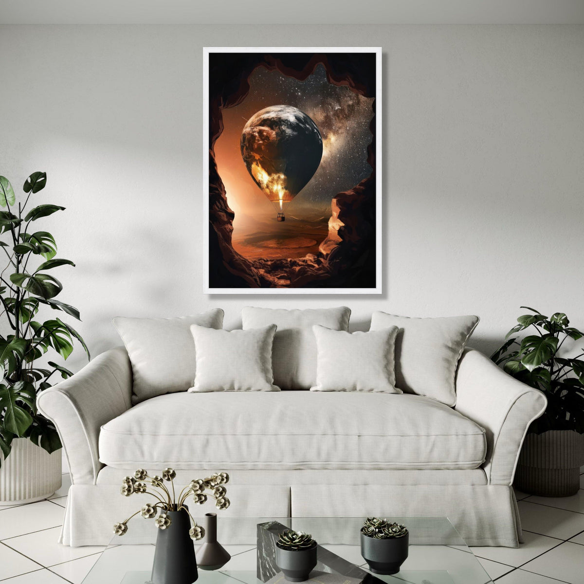 Earth Globe Hot Air Balloon, Space and Stars Canvas, Surreal Wall Art, Cosmic Landscape Canvas, Adventure Home Gift Art, Home Decor, Print