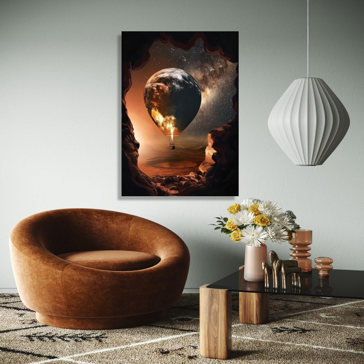 Earth Globe Hot Air Balloon, Space and Stars Canvas, Surreal Wall Art, Cosmic Landscape Canvas, Adventure Home Gift Art, Home Decor, Print