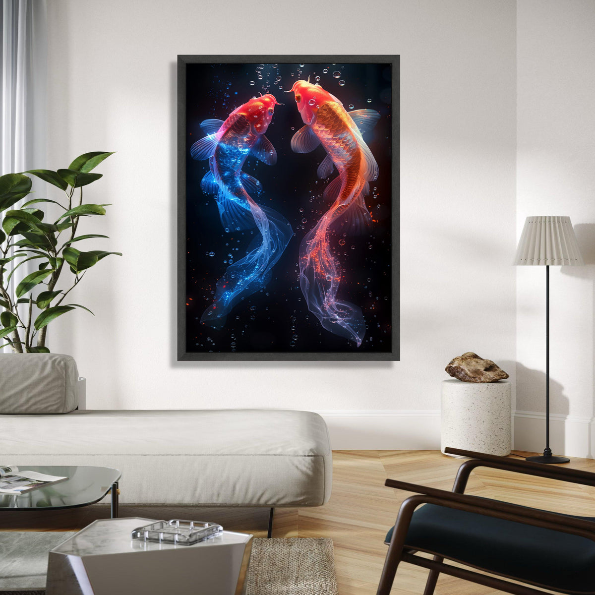 Glowing Koi Fish Canvas Wall Art, Red and Blue Neon Fish, Underwater Fantasy Decor, Vibrant Aquarium Art, Modern Gift Art, Home Decor, Print