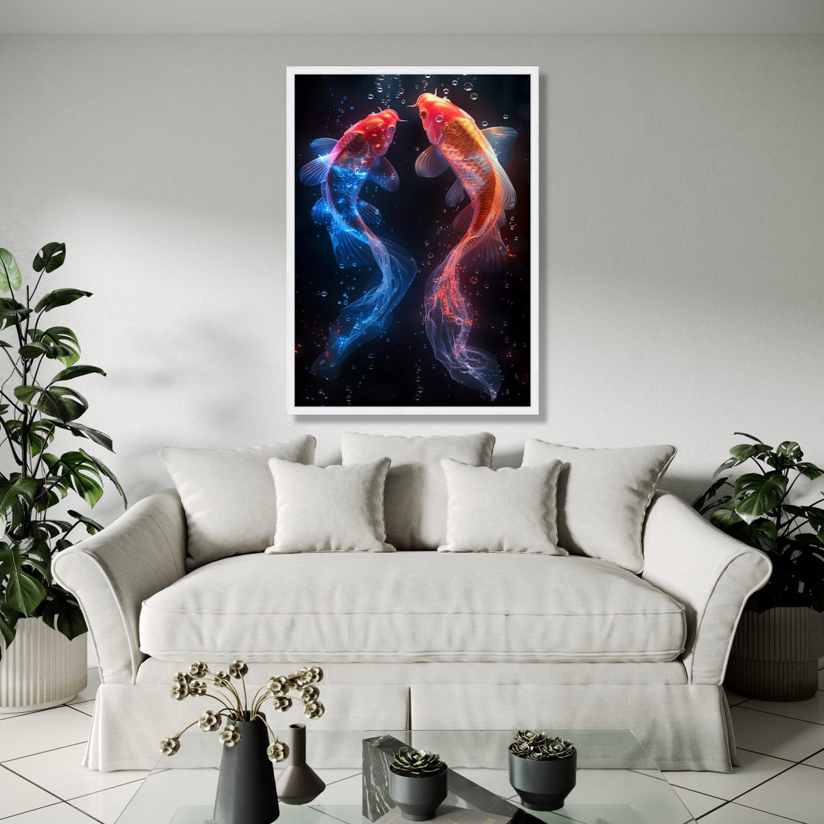Glowing Koi Fish Canvas Wall Art, Red and Blue Neon Fish, Underwater Fantasy Decor, Vibrant Aquarium Art, Modern Gift Art, Home Decor, Print
