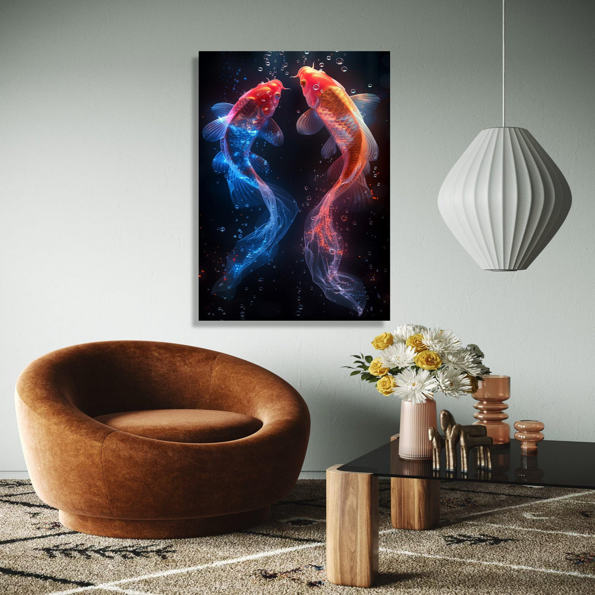 Glowing Koi Fish Canvas Wall Art, Red and Blue Neon Fish, Underwater Fantasy Decor, Vibrant Aquarium Art, Modern Gift Art, Home Decor, Print