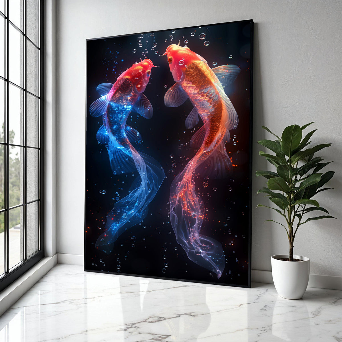 Glowing Koi Fish Canvas Wall Art, Red and Blue Neon Fish, Underwater Fantasy Decor, Vibrant Aquarium Art, Modern Gift Art, Home Decor, Print