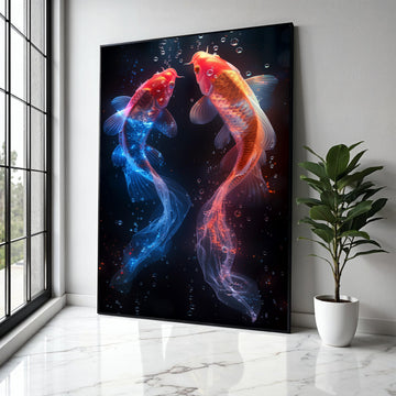 Glowing Koi Fish Canvas Wall Art, Red and Blue Neon Fish, Underwater Fantasy Decor, Vibrant Aquarium Art, Modern Gift Art, Home Decor, Print