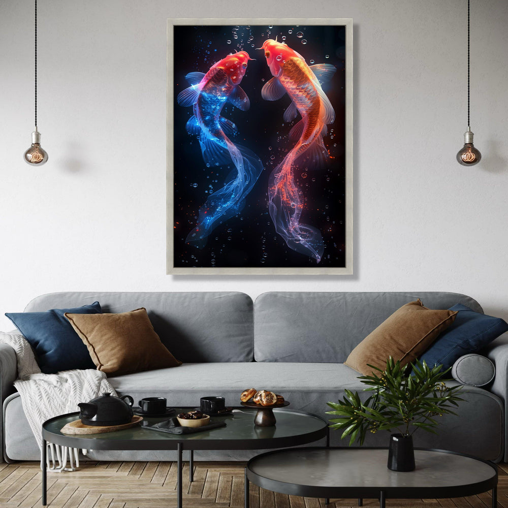 Glowing Koi Fish Canvas Wall Art, Red and Blue Neon Fish, Underwater Fantasy Decor, Vibrant Aquarium Art, Modern Gift Art, Home Decor, Print