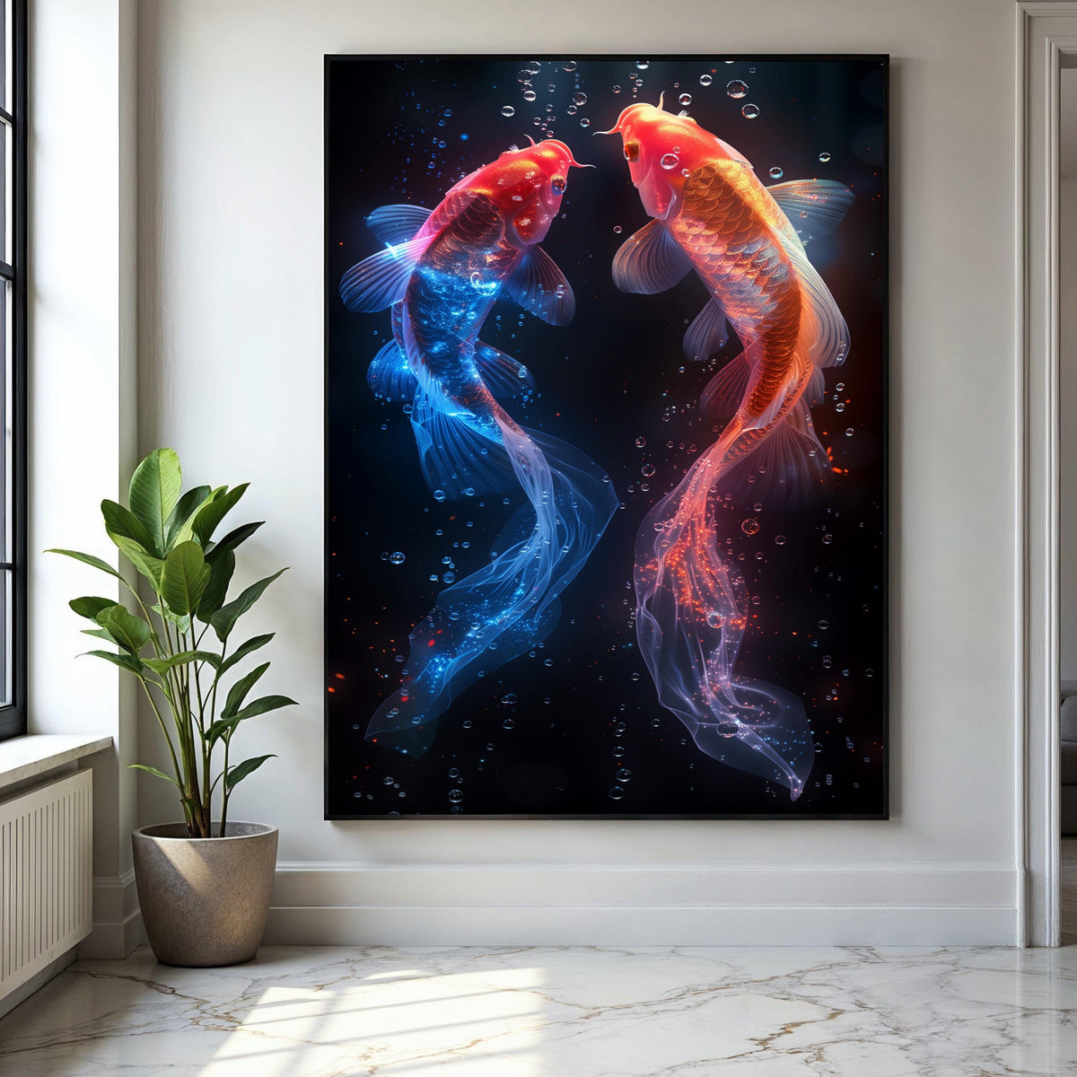 Glowing Koi Fish Canvas Wall Art, Red and Blue Neon Fish, Underwater Fantasy Decor, Vibrant Aquarium Art, Modern Gift Art, Home Decor, Print