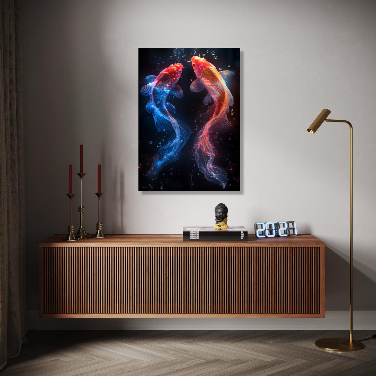 Glowing Koi Fish Canvas Wall Art, Red and Blue Neon Fish, Underwater Fantasy Decor, Vibrant Aquarium Art, Modern Gift Art, Home Decor, Print